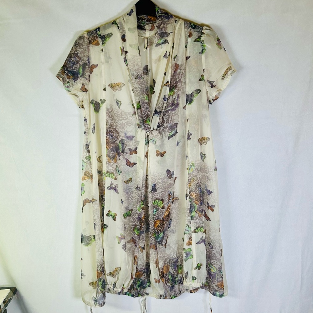 Y2K sheer cowl neck button down tunic blouse, Butterfly print. Whimsigoth Fairy.
